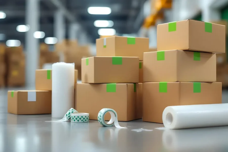 Stacked removal boxes for storage, packing tape, and bubble wrap sit on the floor of a warehouse. Rows of storage units line the background.