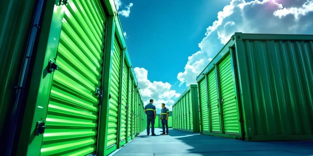 Commercial Units 2 Two people stroll between bright green shipping containers, which serve as innovative storage units for commercial use, under a blue sky dotted with clouds.