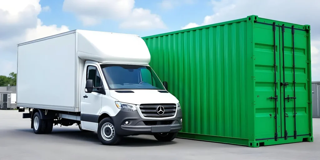 Man With A Van 2 A white delivery truck, part of a reliable Man With A Van Service, is parked beside a large green shipping container on a sunny day.