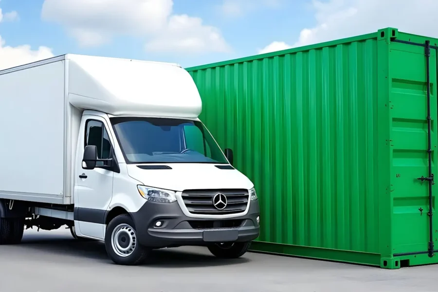 A white delivery truck, part of a reliable Man With A Van Service, is parked beside a large green shipping container on a sunny day.
