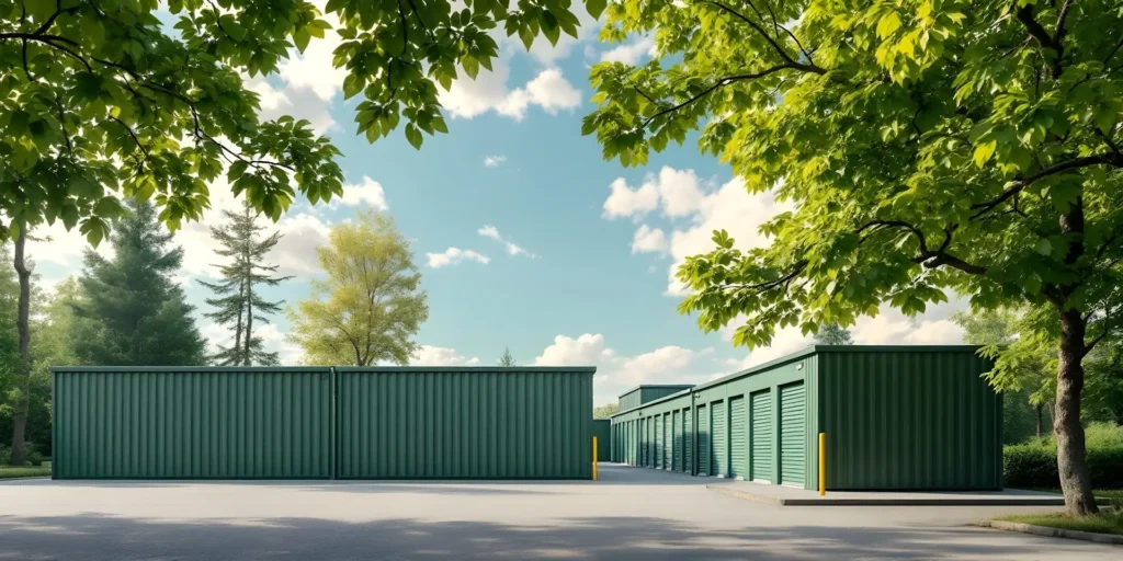 Commercial Units 1 Row upon row of commercial units for business storage bask under a clear blue sky, surrounded by the tranquility of lush trees.
