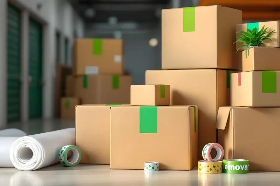 Stacked cardboard boxes with green labels, featuring small plants on top, mingle with boxes and packing materials and rolls of tape in a storage facility.