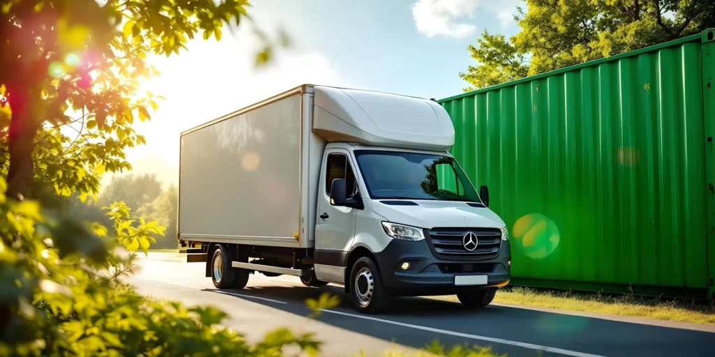 Man With A Van 1 A white delivery truck, marked for Professional House Removals, drives on a road near large green containers, with trees and sunlight in the background.