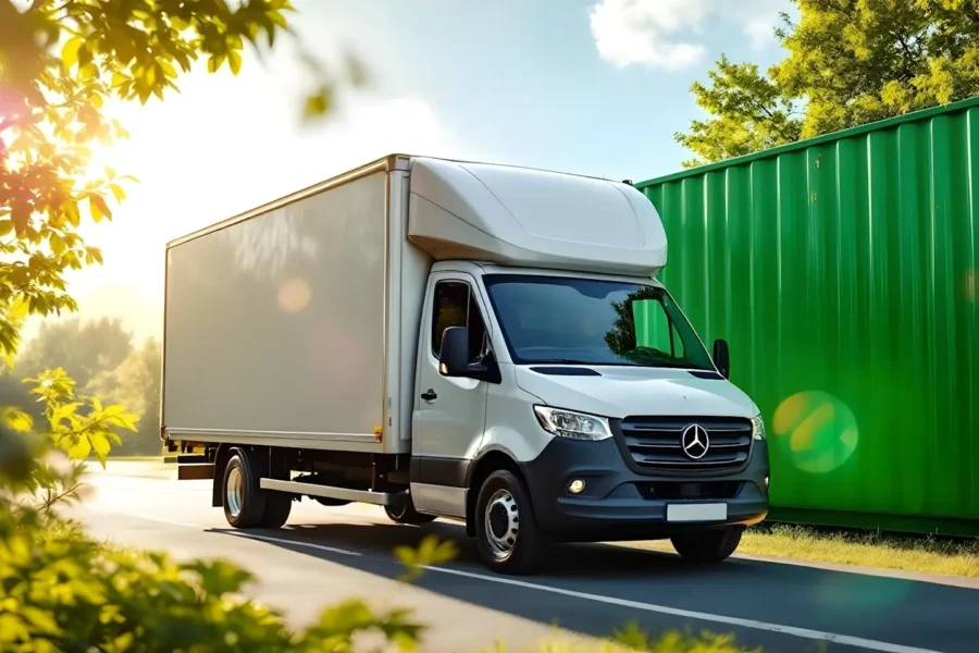 A white delivery truck, marked for Professional House Removals, drives on a road near large green containers, with trees and sunlight in the background.