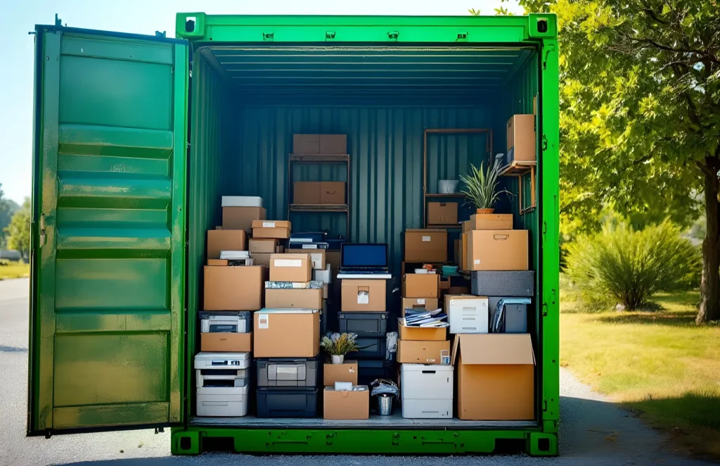 Home 7 A green 20ft container with its doors open reveals neatly stacked cardboard boxes and office supplies, perfect for those seeking container storage. The contents, including printers, file cabinets, and potted plants, bask in sunlight filtered through the trees.