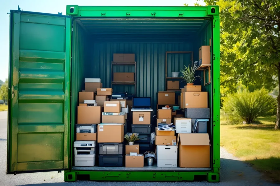 A green 20ft container with its doors open reveals neatly stacked cardboard boxes and office supplies, perfect for those seeking container storage. The contents, including printers, file cabinets, and potted plants, bask in sunlight filtered through the trees.