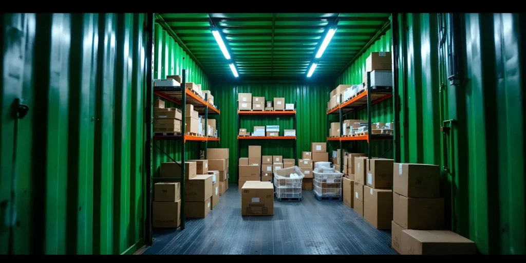 Home 6 A well-organized 40ft storage container with green walls, filled with cardboard boxes and packages on metal shelves. More boxes are stacked on the floor, and the space is illuminated by bright overhead lights.