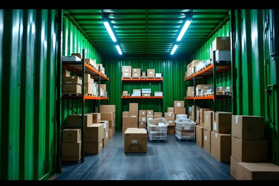 A well-organized 40ft storage container with green walls, filled with cardboard boxes and packages on metal shelves. More boxes are stacked on the floor, and the space is illuminated by bright overhead lights.