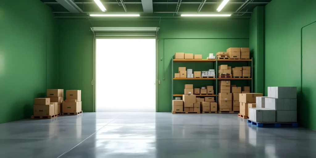 Self Storage 3 A warehouse with green walls offers versatile storage solutions, featuring shelves filled with stacked boxes. Additional boxes rest on wooden pallets atop the smooth, reflective floor. An open shutter door floods the space with bright light, perfectly suited for business use or self-storage needs.