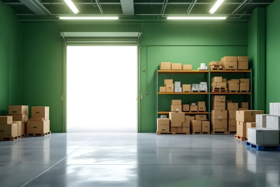 A warehouse with green walls offers versatile storage solutions, featuring shelves filled with stacked boxes. Additional boxes rest on wooden pallets atop the smooth, reflective floor. An open shutter door floods the space with bright light, perfectly suited for business use or self-storage needs.