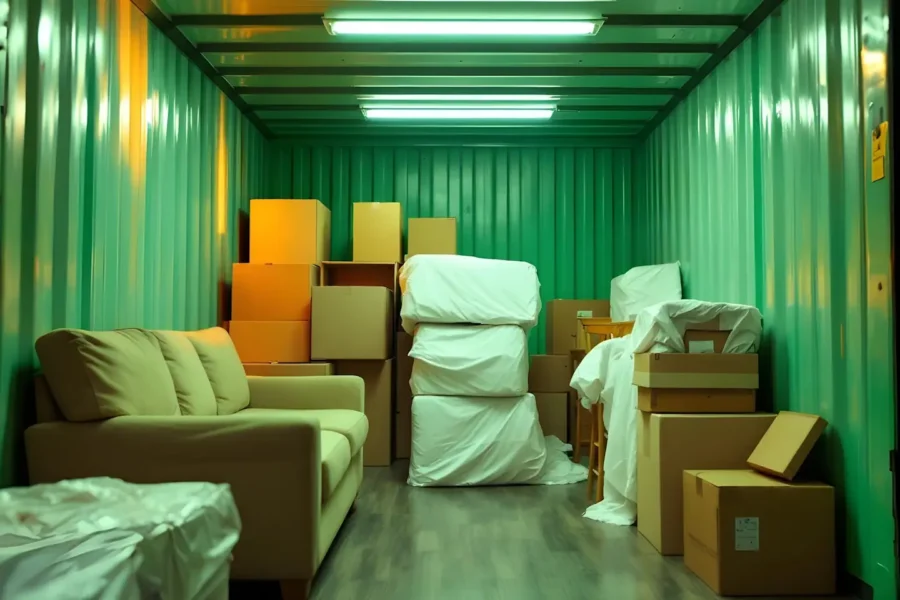 A shipping container interior, ideal for self-storage when moving house, features stacked cardboard boxes, some covered in white sheets. A beige sofa sits on the wooden floor under fluorescent lighting.